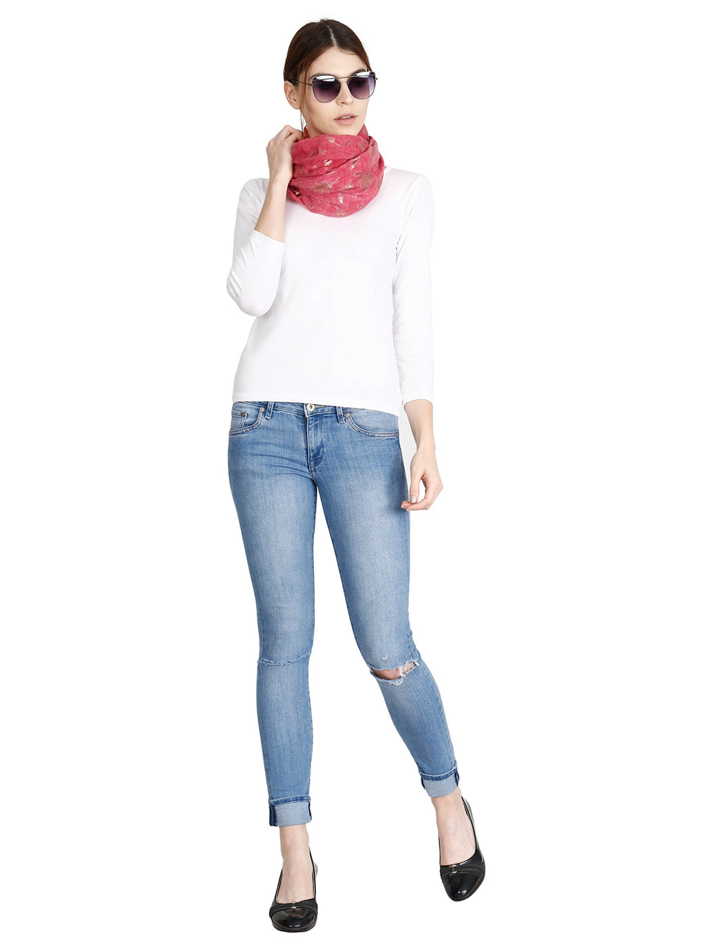 FabSeasons Casual Pinkish Red Cotton Solid Scarf with Feathers Design Zari, Scarves, Stole, Duppatta & Shawl for Women & Girls for Summer & Winters, Size - 80 * 180 cms