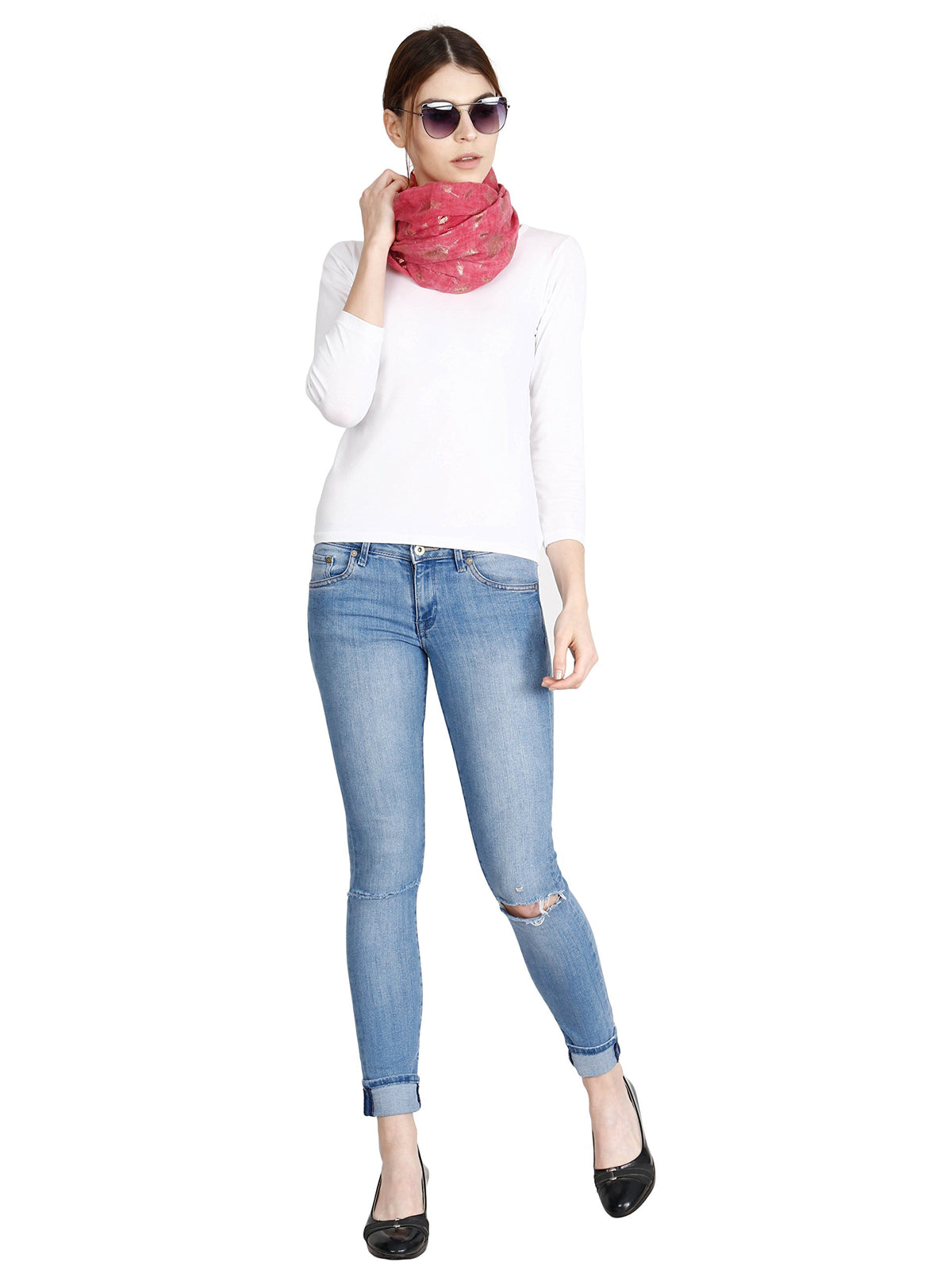 FabSeasons Casual Pinkish Red Cotton Solid Scarf with Feathers Design Zari, Scarves, Stole, Duppatta & Shawl for Women & Girls for Summer & Winters, Size - 80 * 180 cms