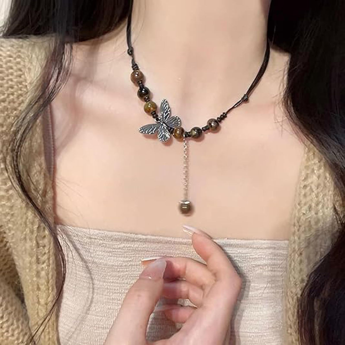 YUISI Butterfly Bracelet and Necklace Set for Women Handmade Adjustable Boho Beaded Jewelry Nature Theme Zen Meditation Gift for Valentine's Day Birthday Anniversary