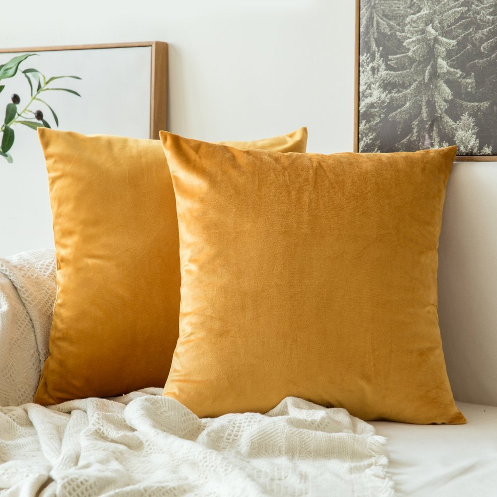 Khooti Velvet Cushion Cover, 26x26 | Gold | Pack of 3 | Solid Plain Soft & Smooth, Decorative Cushion Covers for Living Room, Bedroom, Couches, Chairs, Sofas, Beds & Home Decor