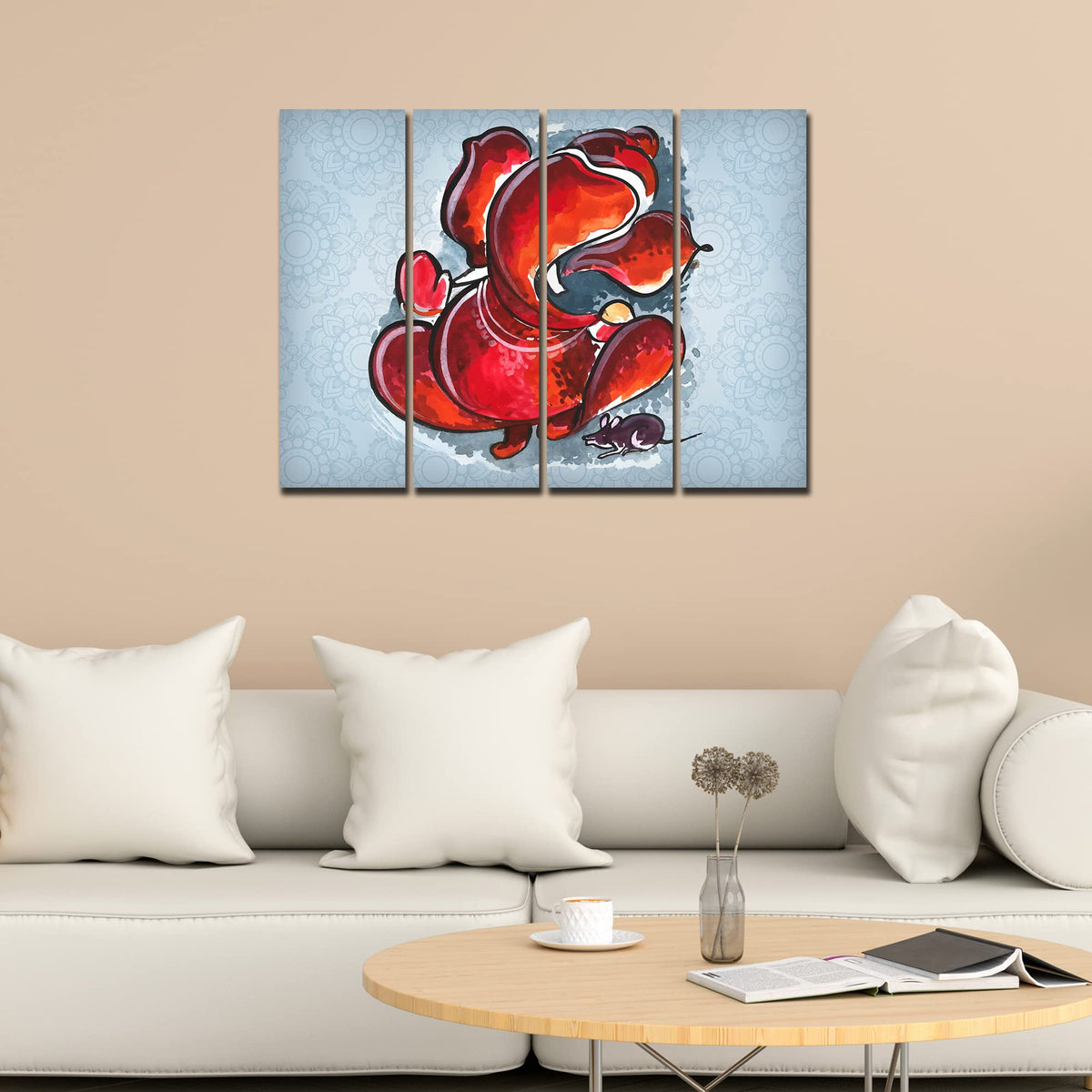 VIBECRAFTS Divine Ganesha 4 Pieces Canvas Wall Painting Fitted With Wooden Frame For Home | Office | Living Room | Gift(PTVC4Pcs1_13519)