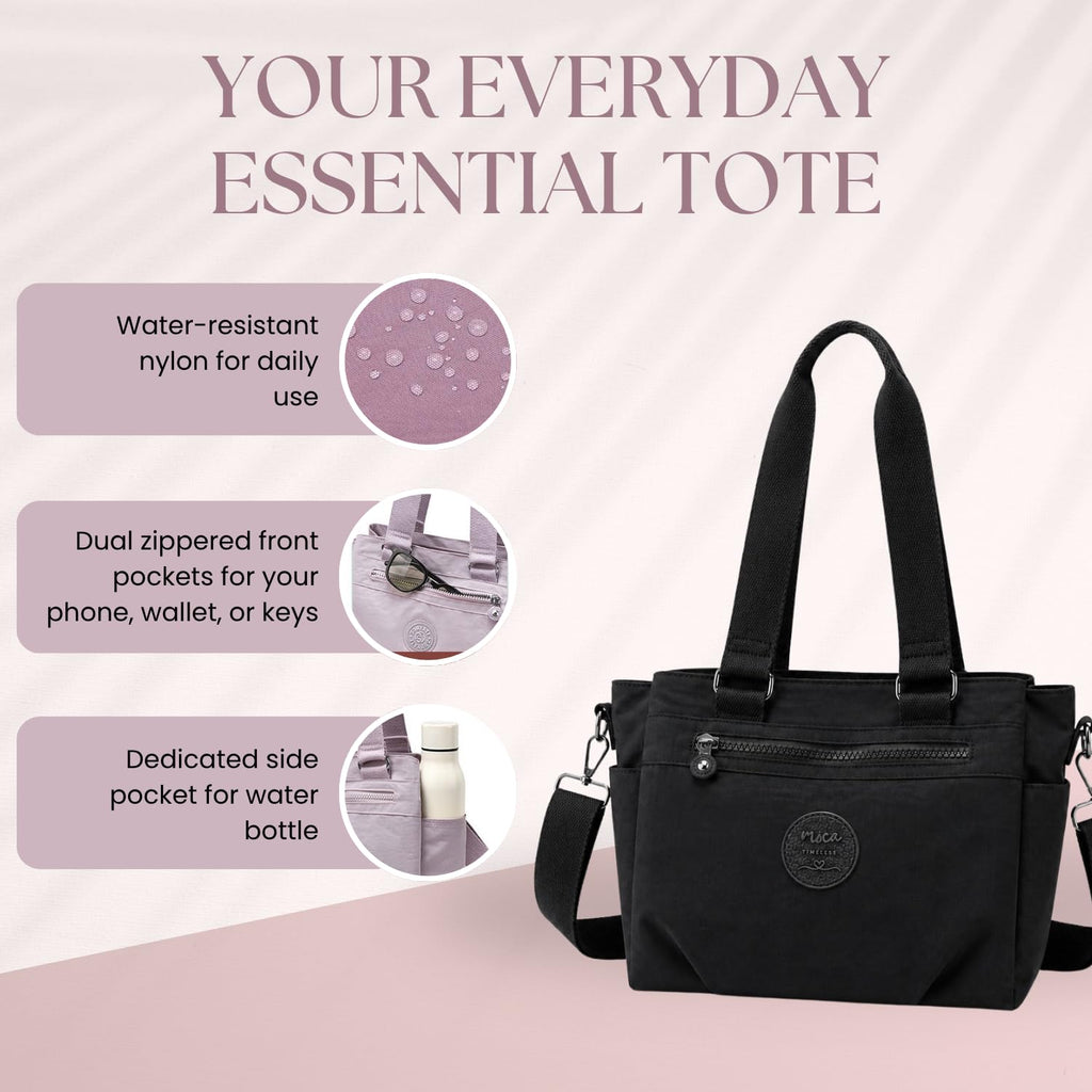 MOCA Women Nylon Tote Bag Lightweight Waterproof Handbag Large Capacity Multi Compartment Shoulder Crossbody Bag Daily Use Office Travel College Ladies Purse with Zipper (Noir)