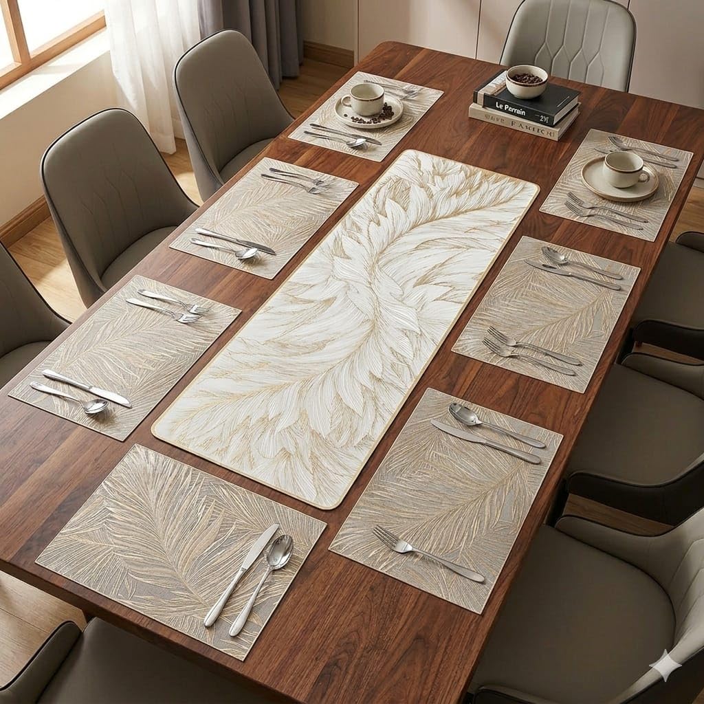 Dining Table Mats with Table Runner Set Leaf Pattern Placemat Set for Dining Table Kitchen Home Decoration (Fern mat + Modern ractangle Table Runner, Pack of 9 (8+1)) Kafalo
