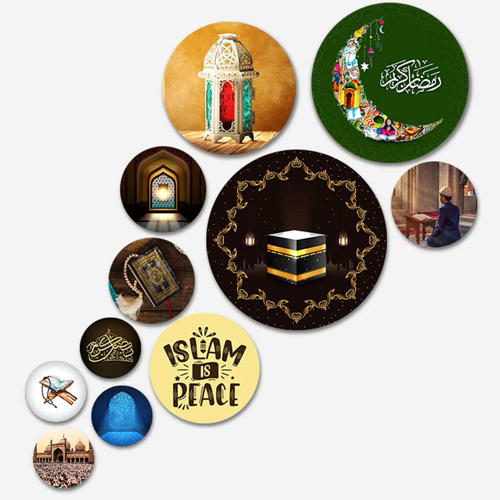 Artvibes Ramadan Special Islamic Round Shape MDF Wooden Wall Decor Items | Living Room | Office | Wall Art Painting For Hall | Graphic Artwork | Wall Art Print | Gift Items (WPS_107NN), Set of 11