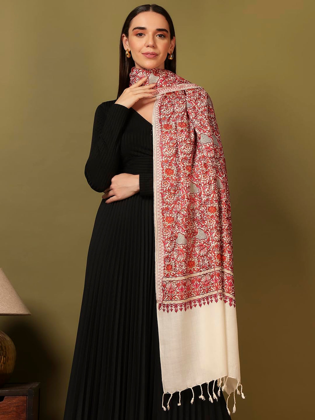 Pashmoda Women Hunar Fine Wool Nalki Embroidered Stole (Size : 28x80in, 71X203cm) EMST02