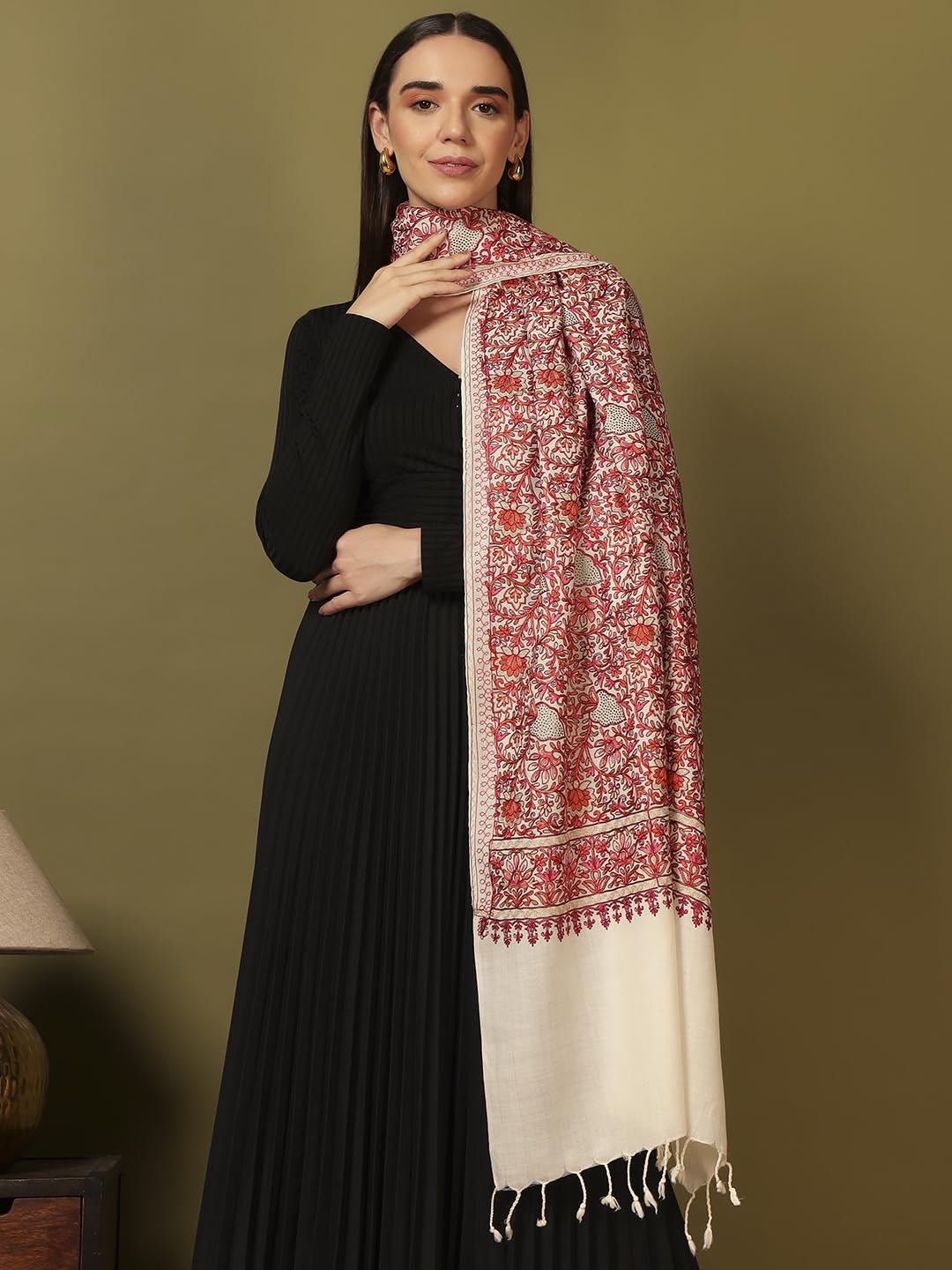 Pashmoda Women Hunar Fine Wool Nalki Embroidered Stole (Size : 28x80in, 71X203cm) EMST02