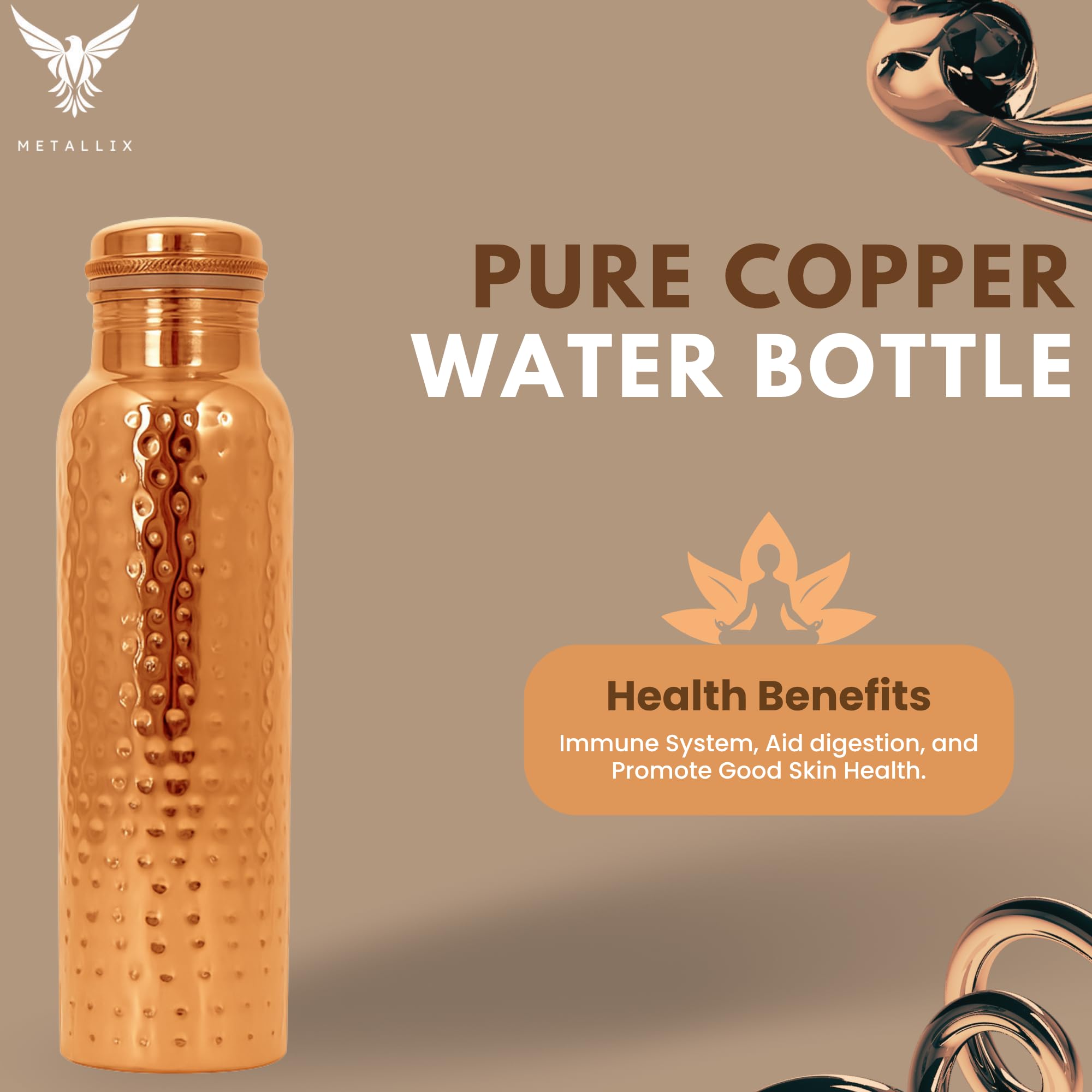 Metallix Copper Water Bottle 1 Ltr | Copper Bottle for Men & Women | 100% Pure Copper | BPA Free & Leak Proof | Easy to Carry | Suitable for Yoga, School & Office (Hammered)