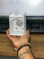 Culture Creative Mini Decorative Metal Mandir for Home | White Tabletop Temple with Lord Ganesha, Om & Swastik Cutouts | Compact Pooja Altar for Diya & Prayer Size 5x3