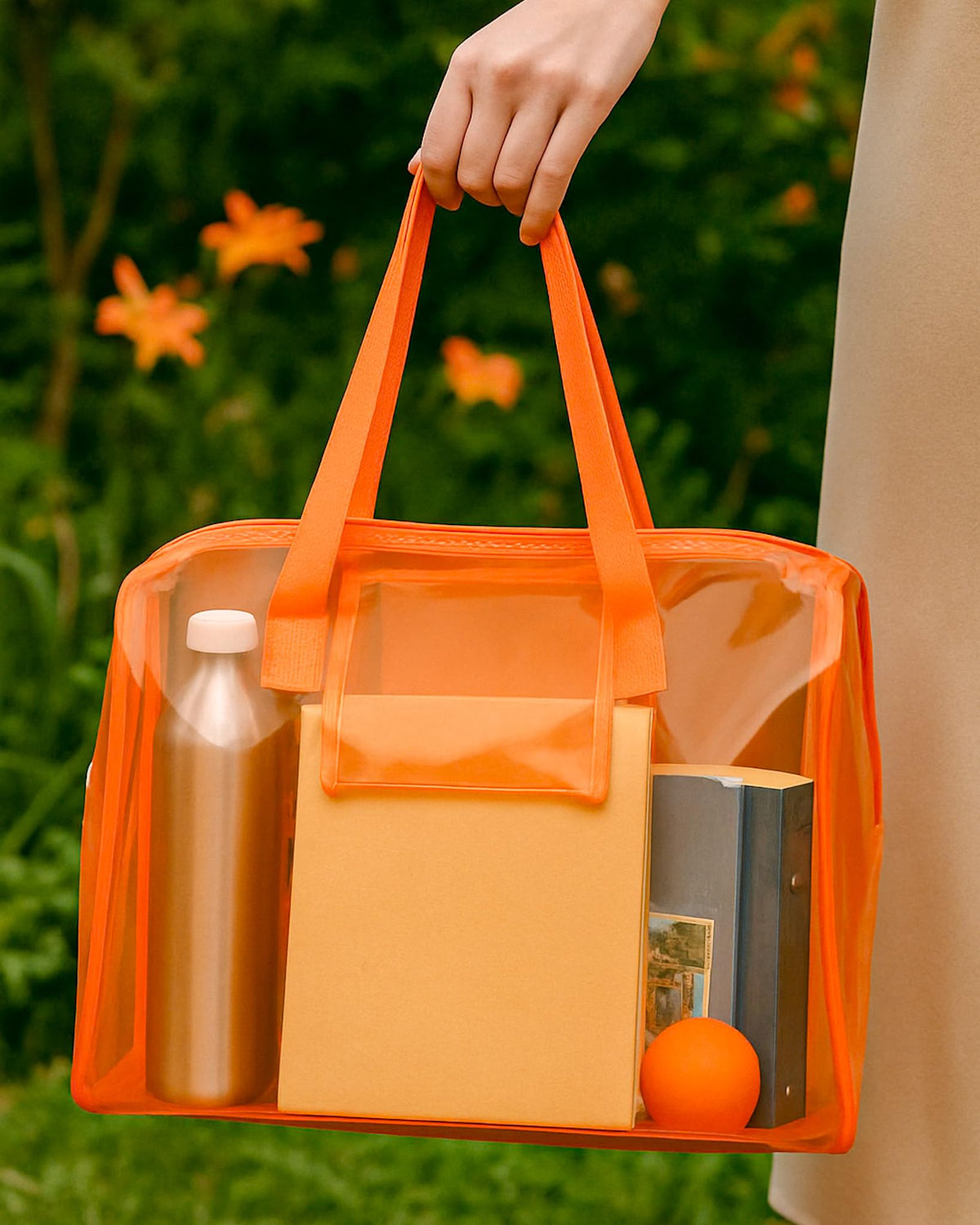 THE BLING GLOBAL Transparent PVC Duffle Bag For Kids,Jelly Shoulder Bag, Stylish Clear Handbag with Double Handles, for Rakhi Gift, Kids Bag for Rakhi Celebration. (Orange)