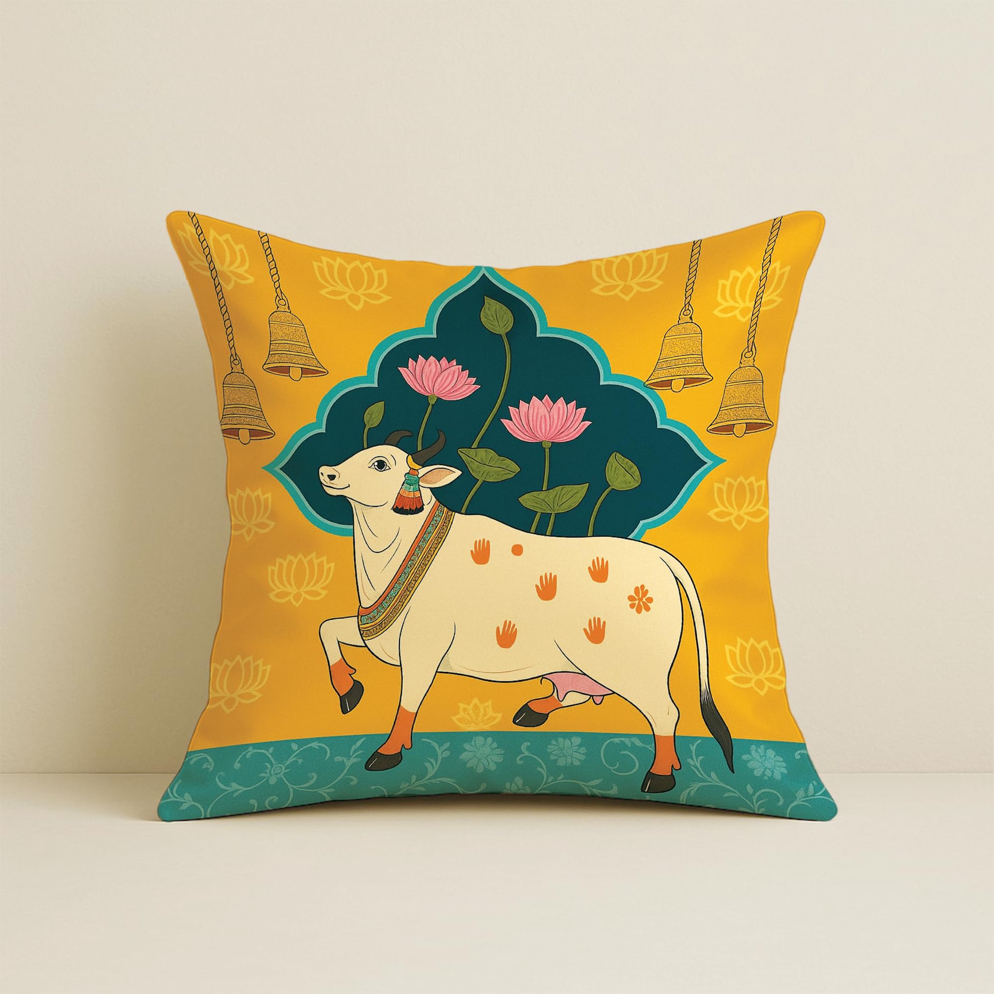 STITCHNEST Satin Ethnic Cushion Covers Cow & Lotus Art, 16x16 Inches, Pack of 5 for Living Room & Festive Decor