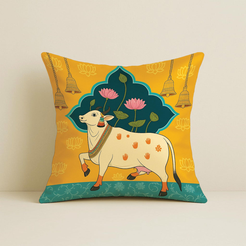 STITCHNEST Satin Ethnic Cushion Covers Cow & Lotus Art, 16x16 Inches, Pack of 2 for Living Room & Festive Decor