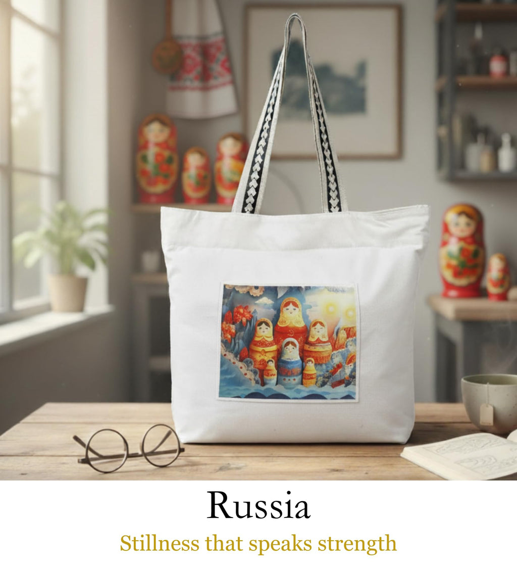 WOTM On The Move Tote | Premium Printed Cotton Canvas Tote Bag with Zipper & Inside Pocket, Stylish Everyday Travel Bag for Work, College, Office, Travel, Shopping (Russia)