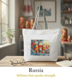 WOTM On The Move Tote | Premium Printed Cotton Canvas Tote Bag with Zipper & Inside Pocket, Stylish Everyday Travel Bag for Work, College, Office, Travel, Shopping (Russia)