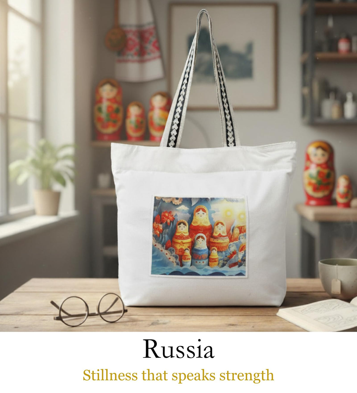 WOTM On The Move Tote | Premium Printed Cotton Canvas Tote Bag with Zipper & Inside Pocket, Stylish Everyday Travel Bag for Work, College, Office, Travel, Shopping (Russia)