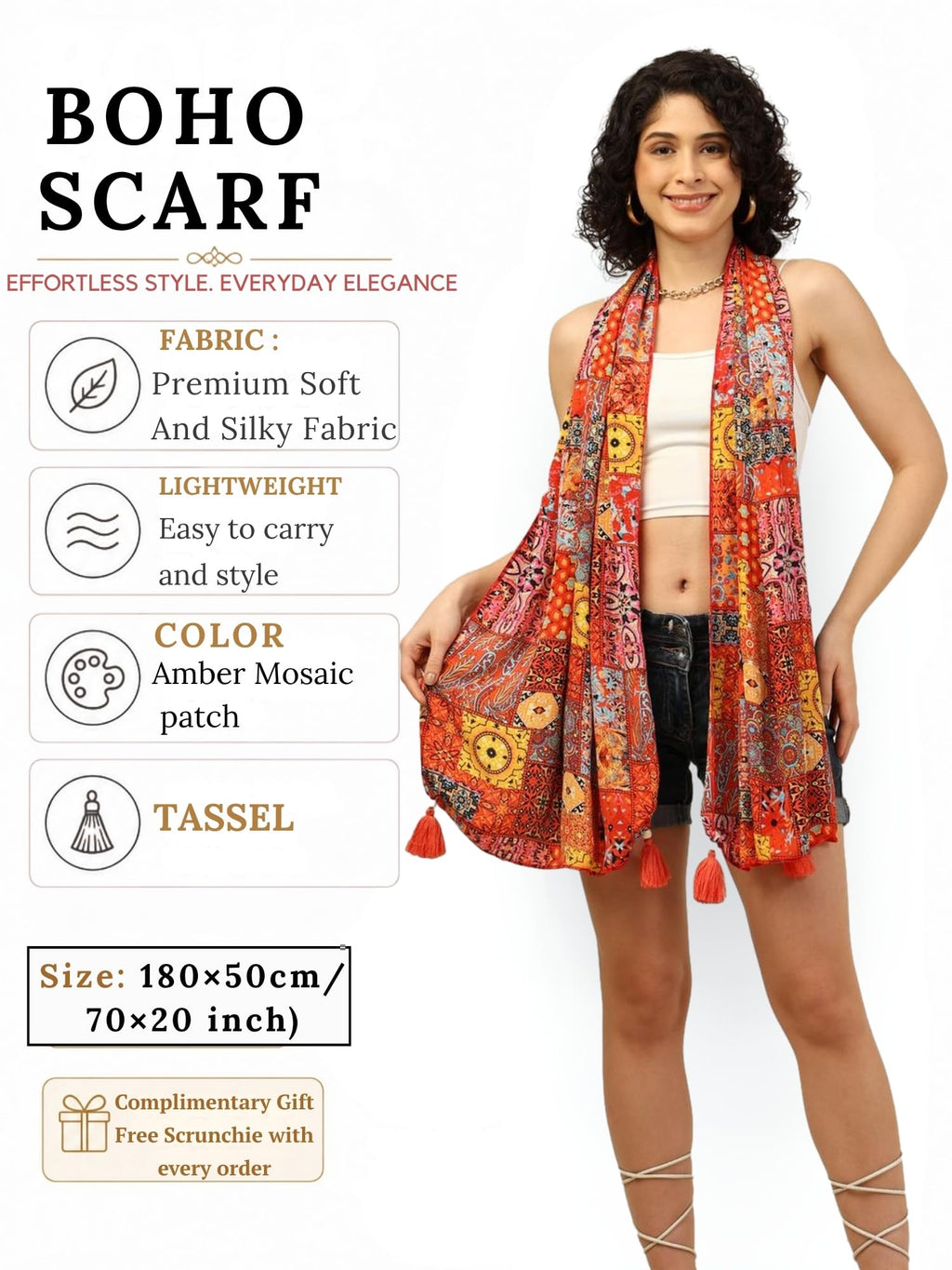 KE KANHA EXPORTS Scarf for Women Boho | Border Print Stylish | Stole for Women Breathable Summer Beach Wrap with Tassels | Multicolour |180 x 50 cm|FREE Scrunchie Included