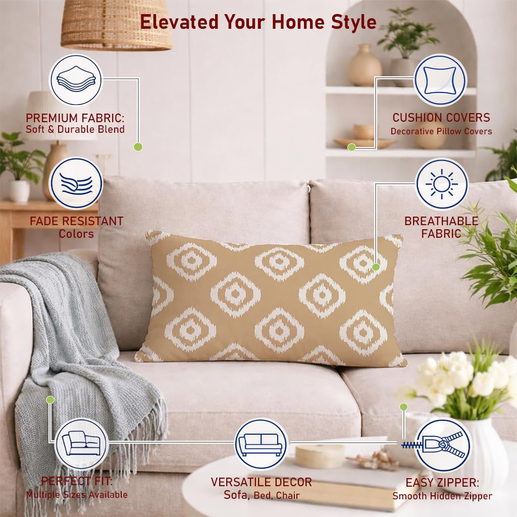 STITCHNEST Set of 2 Polycotton Cushion Covers – 12x18 Inches – Beige & White Ikat Geometric Print – Elegant Cushion Covers for Sofa & Living Room | Perfect for Home Decor