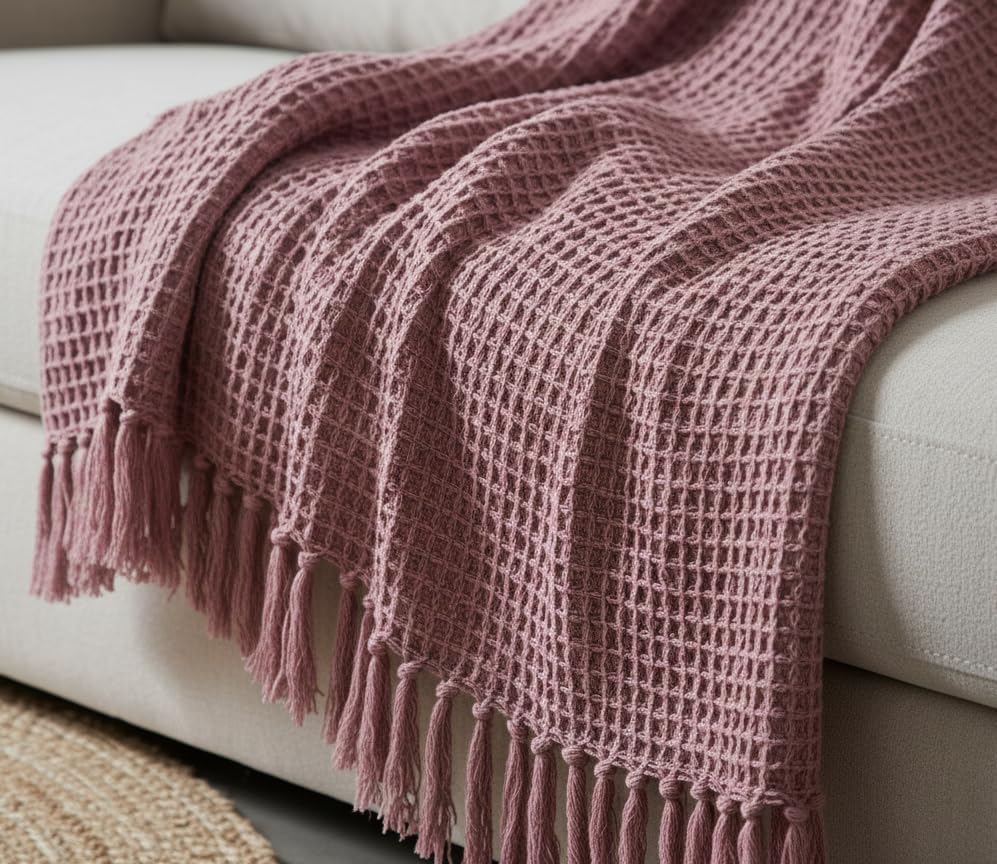 KNIT VIBES 100% Cotton Waffle Weave Sofa Throw Blanket 50x60 Inches or 125x150 cms Lightweight, Soft & Breathable Couch, Bed or Chair Throw Blanket for Living or Bedroom, Onion Kafalo