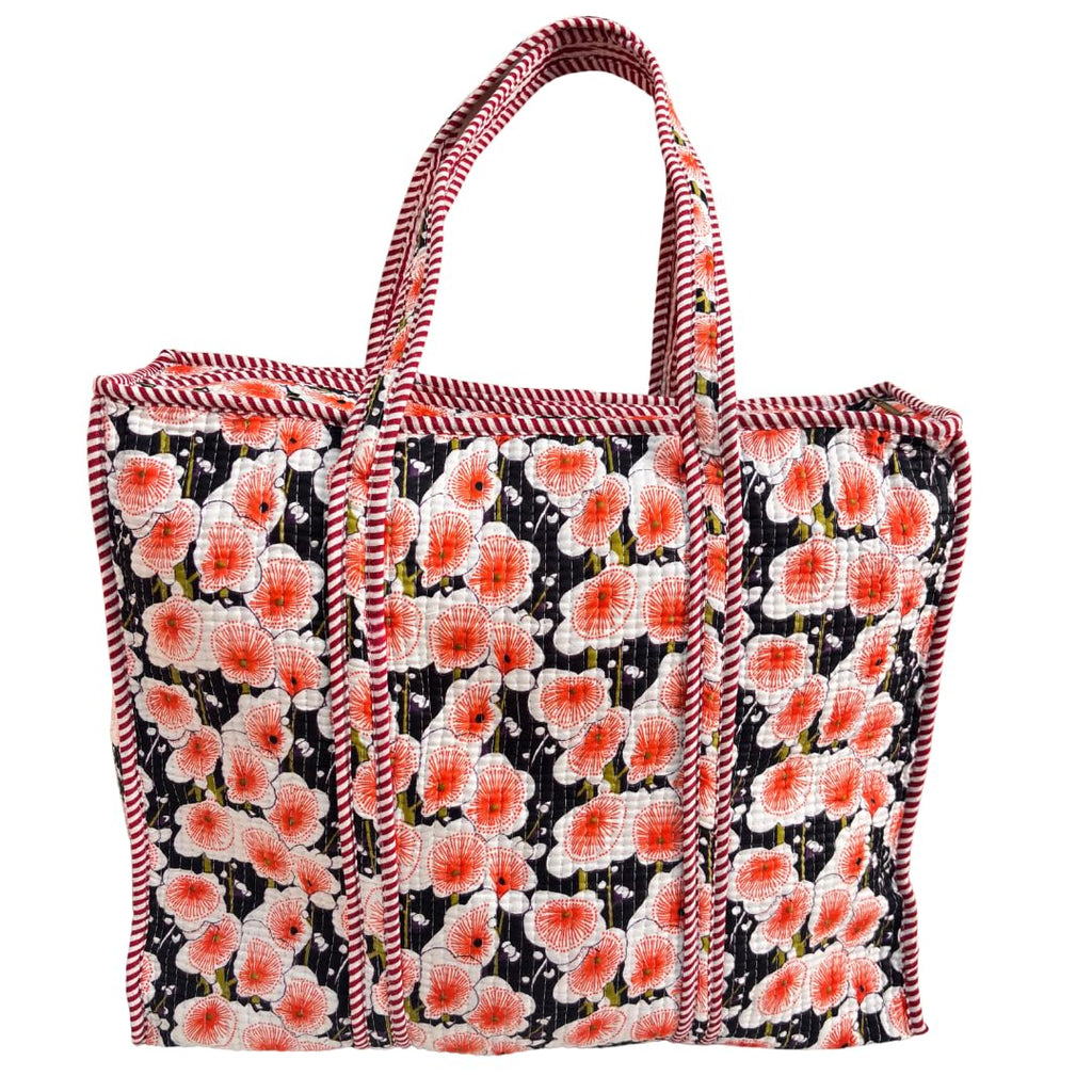 Bazaar Bhoot Edition Premium Cotton Quilted Shopping Tote Bag - Multipurpose Long Lasting Foldable Reusable Bag with zipper for Shopping, Travel & Daily Use - Made in India (Foral Black)