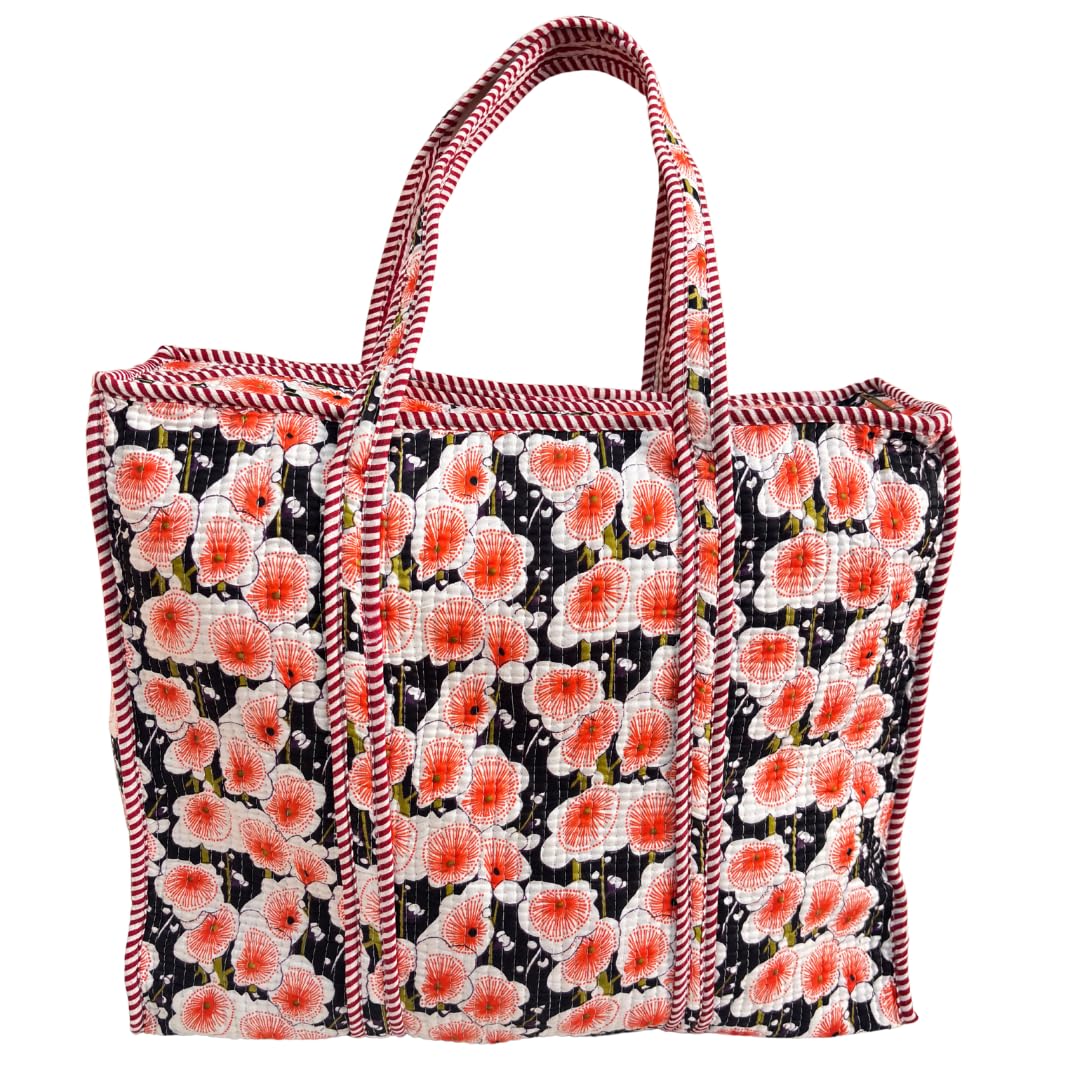 Bazaar Bhoot Edition Premium Cotton Quilted Shopping Tote Bag - Multipurpose Long Lasting Foldable Reusable Bag with zipper for Shopping, Travel & Daily Use - Made in India (Foral Black)