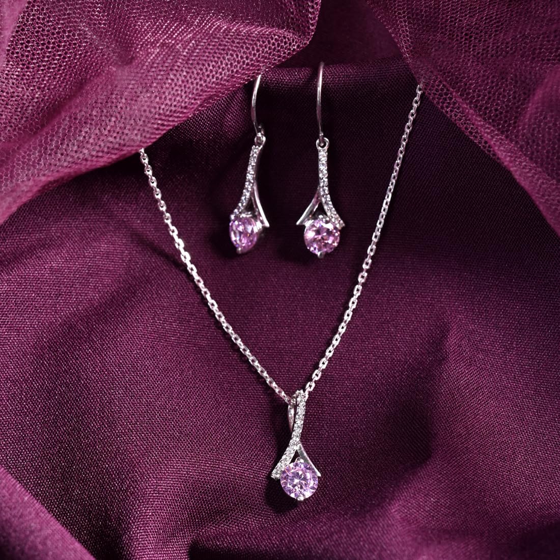 Clara 925 Silver Pink Solitaire Pendant Earring Chain Gift for Women & Girl