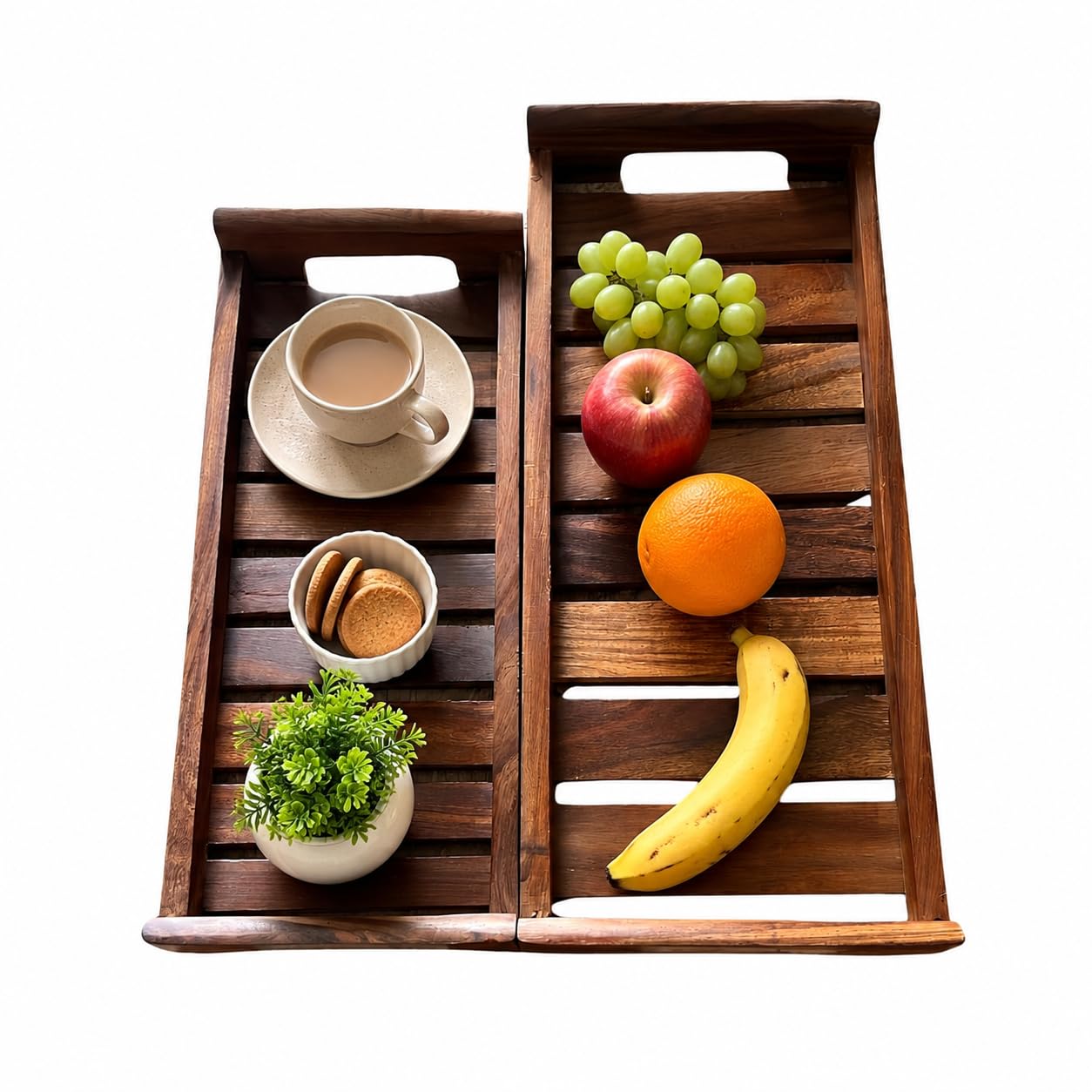 The Shilp Collective Sheesham Wood Serving Tray Set of 2 | Handmade Wooden Breakfast & Organizer Trays with Handles | Multipurpose Decorative Tray for Kitchen Dining Table & Home Décor