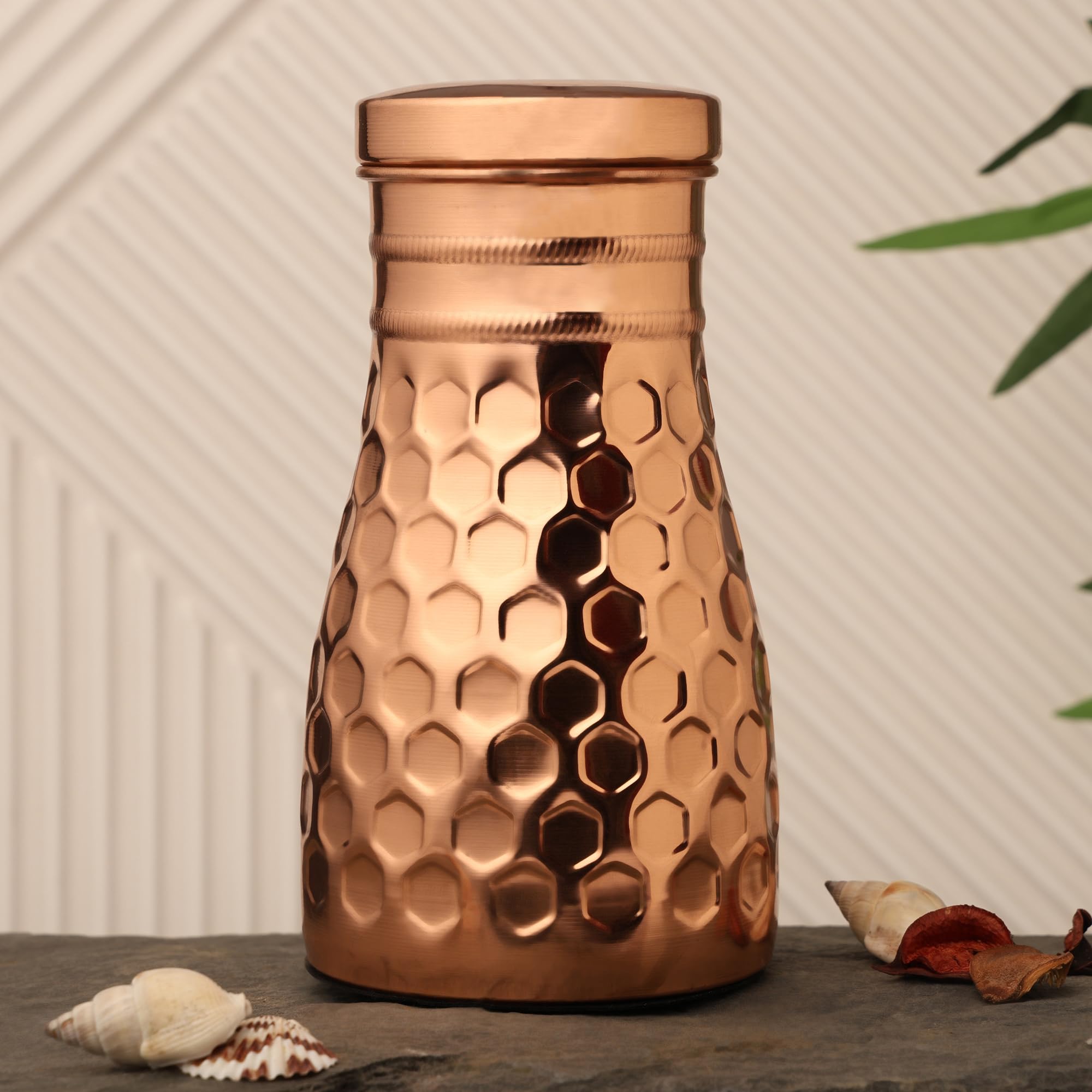 Tambra Copper Bedroom Jar with Inbuilt Glass | Diamond Design | Handcrafted, Leakproof, Jointless | Ayurvedic Benefits, Antioxidant Properties | 1200 ml (Pack of 2)