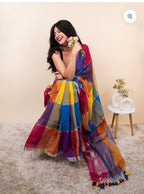 Piyari Fashion womens traditionalpure linen cotton soft self deseign trending multicolour saree with elegant tassel &running blouse picse (blue multicolour)