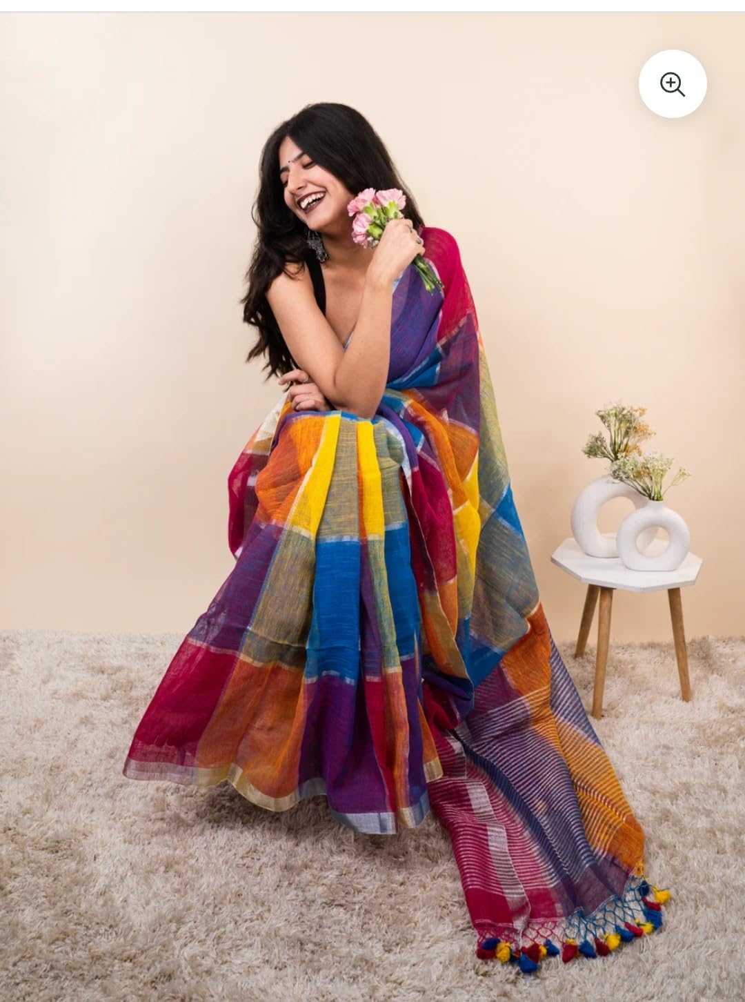 Piyari Fashion womens traditionalpure linen cotton soft self deseign trending multicolour saree with elegant tassel &running blouse picse (blue multicolour)