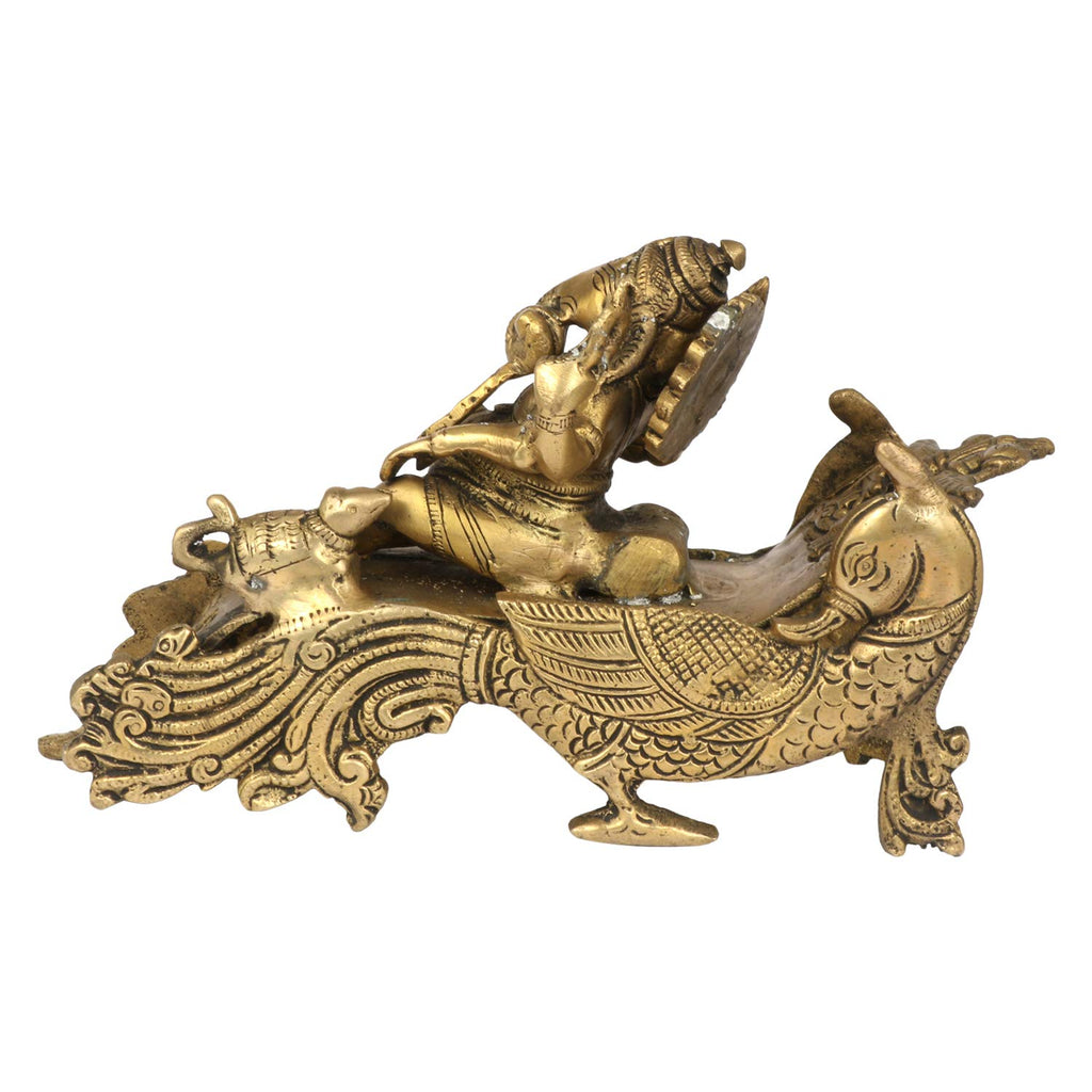 ARTVARKO Brass Ganesh Bhagwan Idol Resting on Designer Peacock Couch Ganapati Pital Moorti for Home Decor Success Office Marriage Length 9 Inch