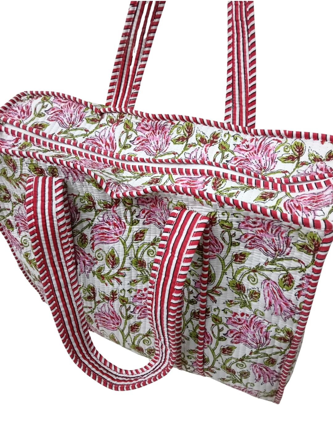 Doraya Cotton Printed Tote Bag,Hand Bag Multicolor Quilted Hand Block Floral Printed Women's Carry Bag Shoulder Shopping Tote Bags 18x5.5x16 Inch (White 2)