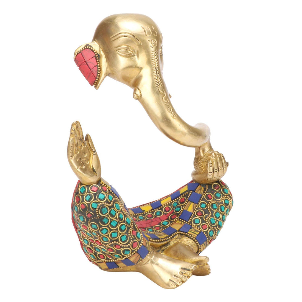 ARTVARKO Brass Trunk Ganesha Multicolor Gemastone Handwork Idol Ganesh Statue in Modern Art for Home Office Desk Diwali Gift Pooja House Entrance Showpiece Gifting 8 Inches