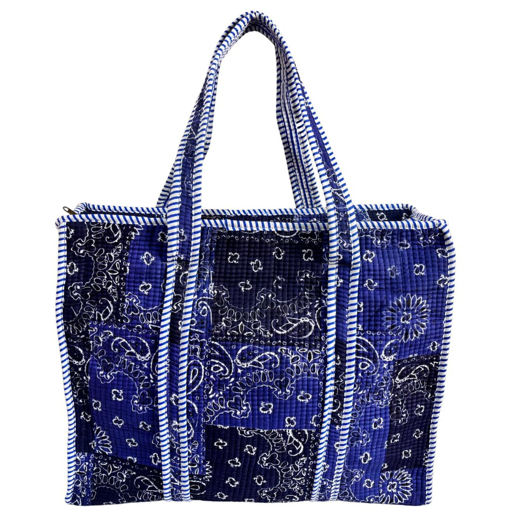 Bazaar Bhoot Edition Premium Cotton Quilted Shopping Tote Bag - Multipurpose Long Lasting Foldable Reusable Bag with zipper for Shopping, Travel & Daily Use - Made in India (Shaded Blue)