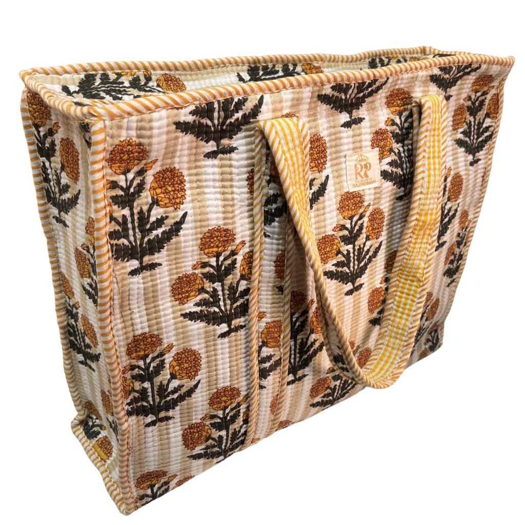 Bazaar Bhoot Edition Premium Cotton Quilted Shopping Tote Bag - Multipurpose Long Lasting Foldable Reusable Bag with zipper for Shopping, Travel & Daily Use - Made in India (Yellow (250 GSM Cotton))