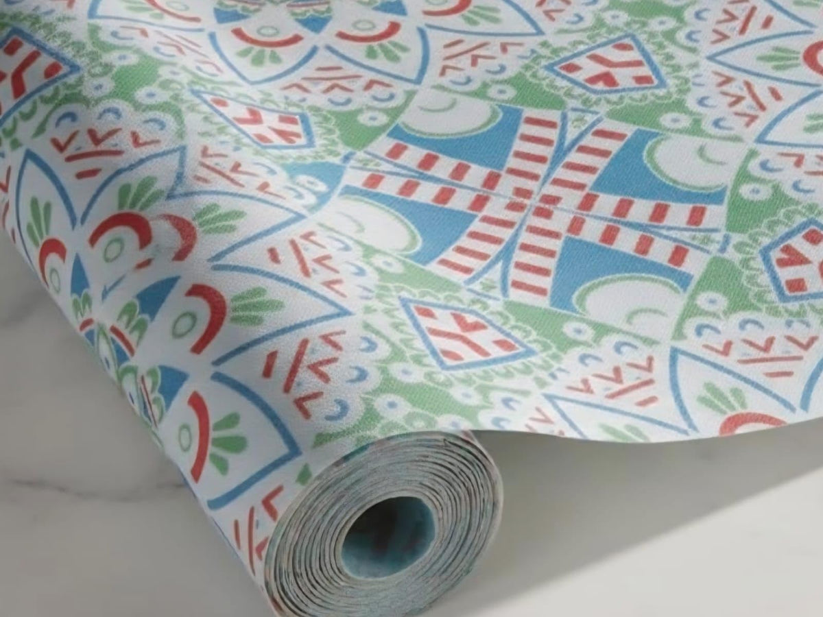 Dribble (45cm X 500cm) Eva Shelf Liner Mat Roll, Non Slip Drawer & Cabinet Liner for Kitchen, Waterproof Oilproof Washable Fridge Mat | Anti Skid Multipurpose Mat (Green/Red Mandala Art) Kafalo