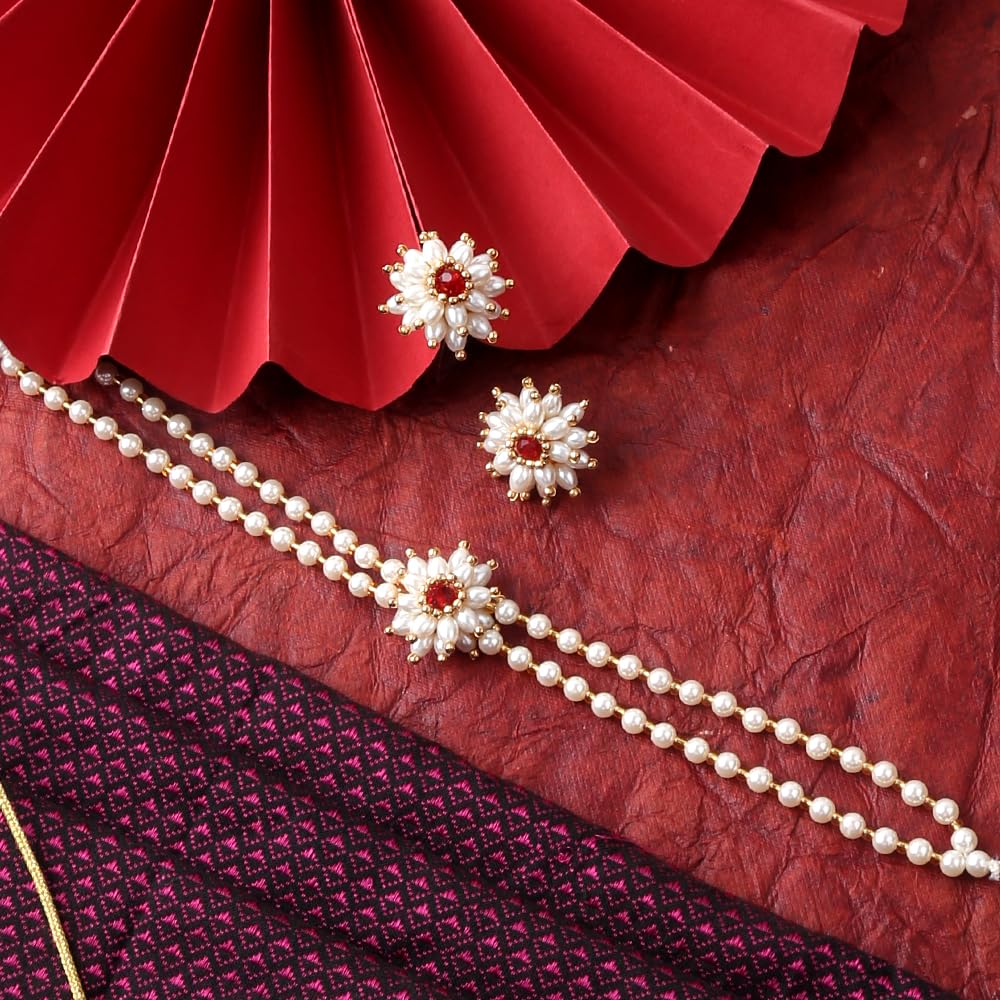 Anuradha Art Jewellery traditional white and golden pearl with red stone stud flower Mogra/Parijat/handmade/handcrafted necklace jewellery for women and girls.