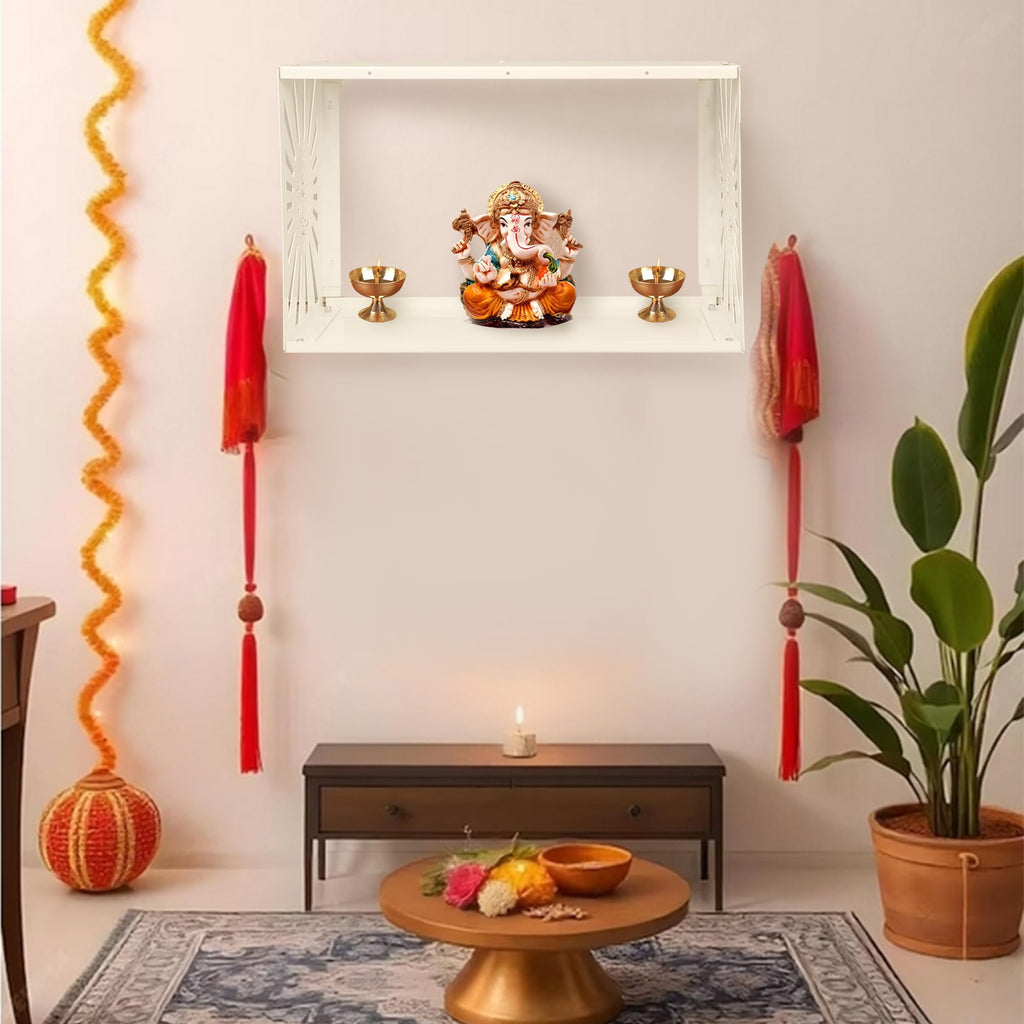Spillbox Metal Pooja Home Temple|White Metal Shelf |Wall Mountable|Easy Screw Assembly|Home Temple for Puja Room |Pooja Stand | Mandir- Ganesh White
