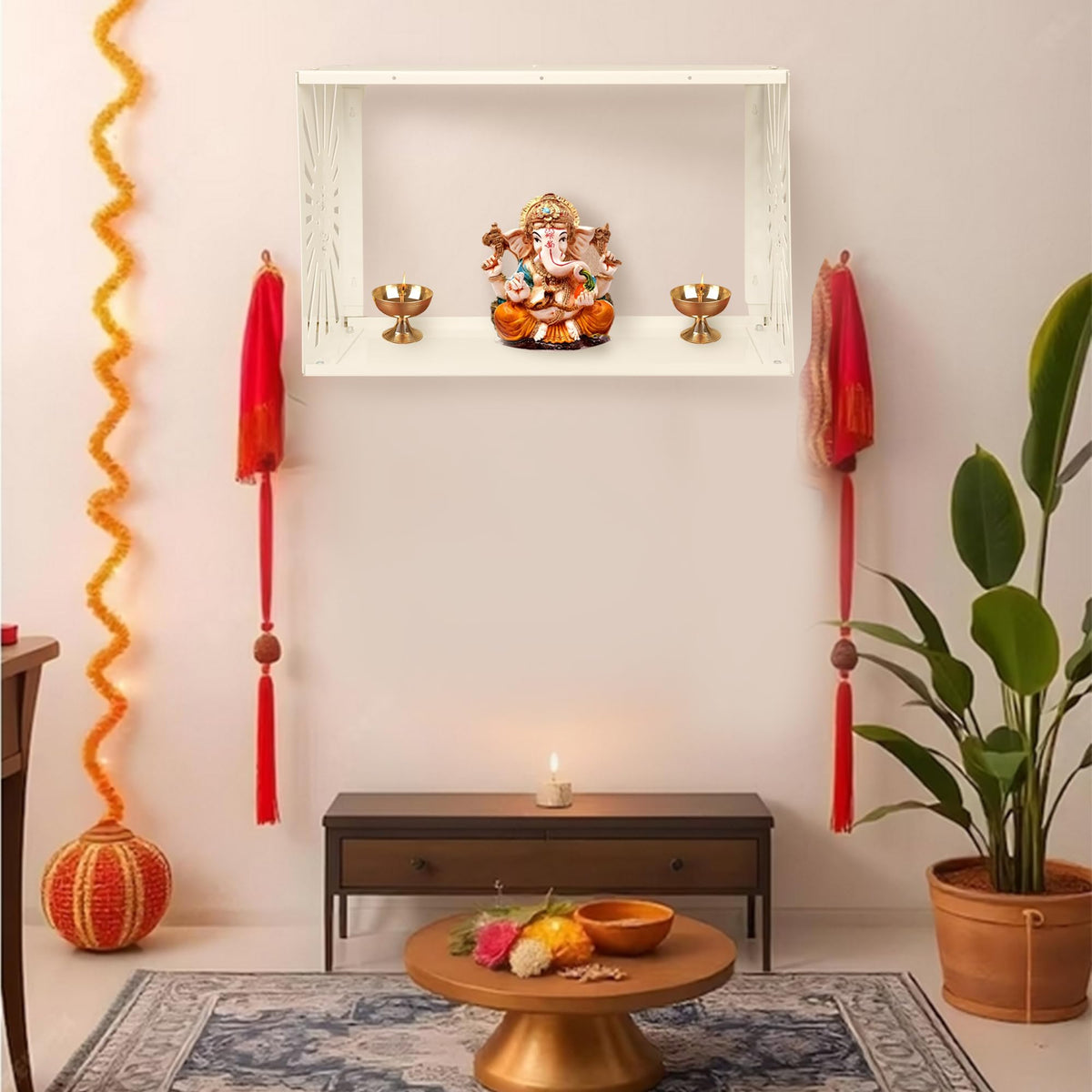 Spillbox Metal Pooja Home Temple|White Metal Shelf |Wall Mountable|Easy Screw Assembly|Home Temple for Puja Room |Pooja Stand | Mandir- Ganesh White