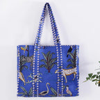 Pranipat Handicrafts Quilted Cotton Tiger Printed Pink Reversible Large Grocery Shopping Tote Bag - Versatile and Fashionable Tote for Shopping and Daily Essentials (Dark Blue-Regular)