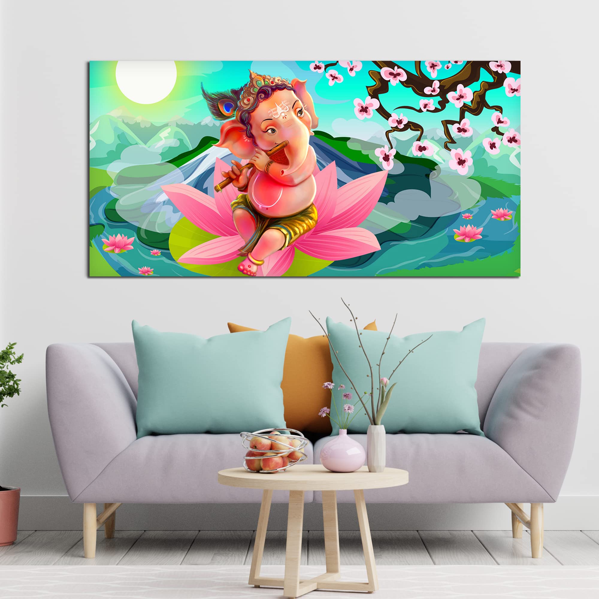 VIBECRAFTS Canvas Paintings for Living Room Drawing Room Ganesha Playing Flute Canvas Wall Painting Fitted With Wooden Frame For Home | Office | Living Room | Gift (PTVCH_2486)