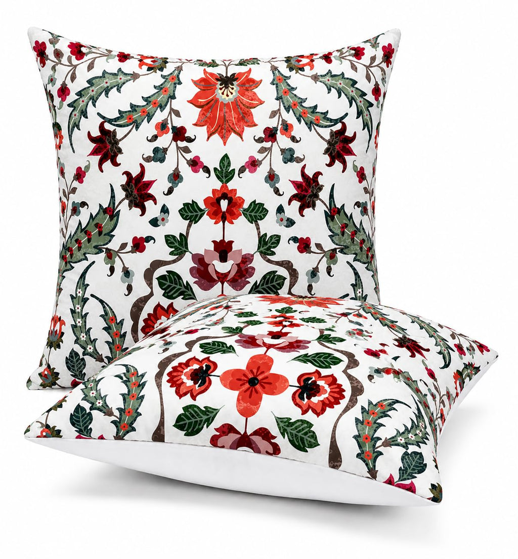 AMAZE ATTIRES Velvet Cushion Cover 24x24 Inch – Set of 6 Decorative Throw Pillow Covers for Sofa, Couch or Bed – Designer Printed Square Cushion Covers – Home Decor (White Red Floral)