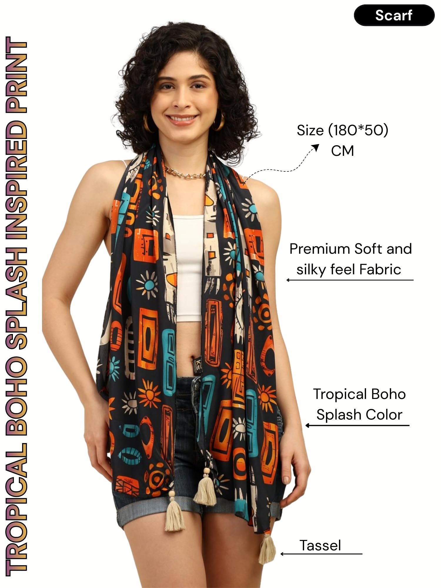 KE KANHA EXPORTS Scarf for Women Boho | Border Print Stylish | Stole for Women Breathable Summer Beach Wrap with Tassels | Multicolour |180 x 50 cm FREE Scrunchie Included