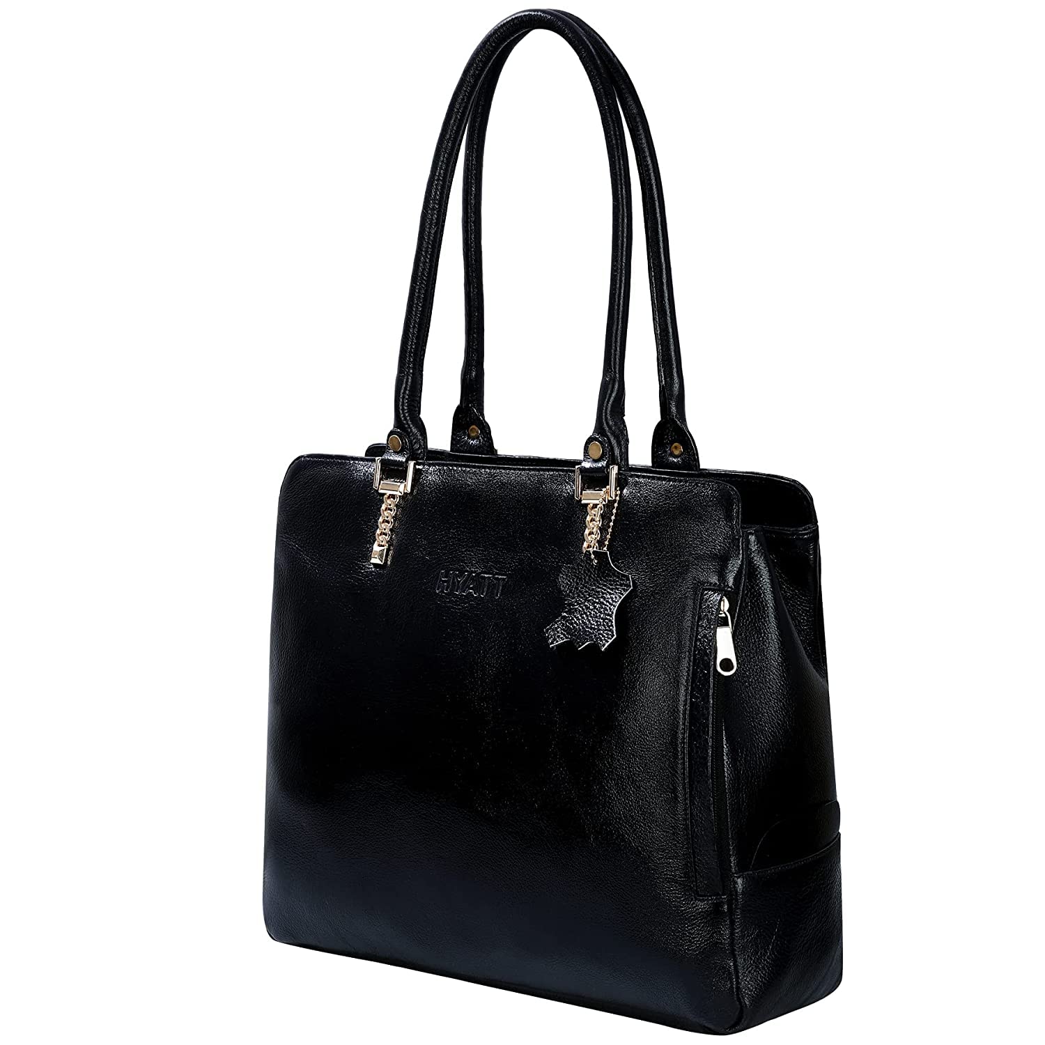 HYATT Leather Accessories Full Grain Natural Leather Top Handle Tote Handbags & Shoulder Bags For Women Office (Dimension- L-14 X H-12 X W- 5 Inch, Weight- 0.7 Kg - Black)