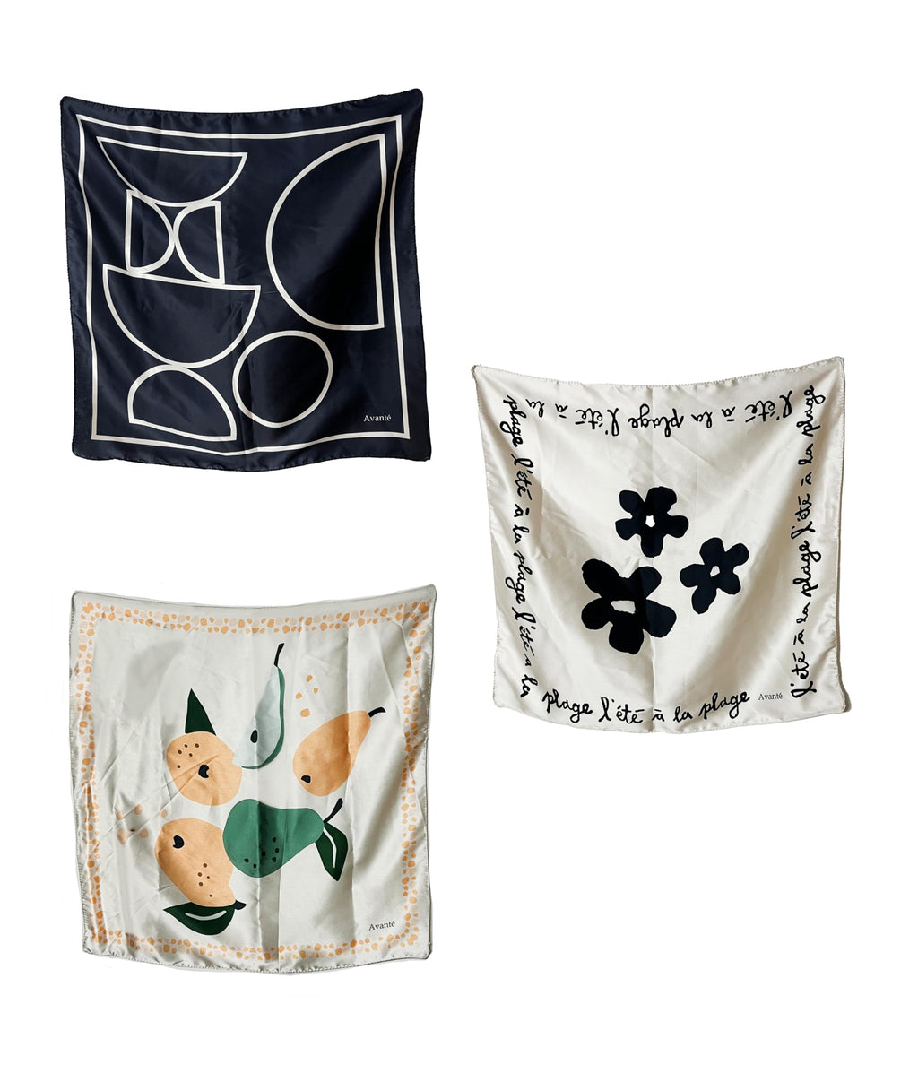 NK Textiles Women's Floral Geometric Drawing Printed Square New York Style Satin Head Scarf - Neck Scarf (22x22) (3-Piece Set)