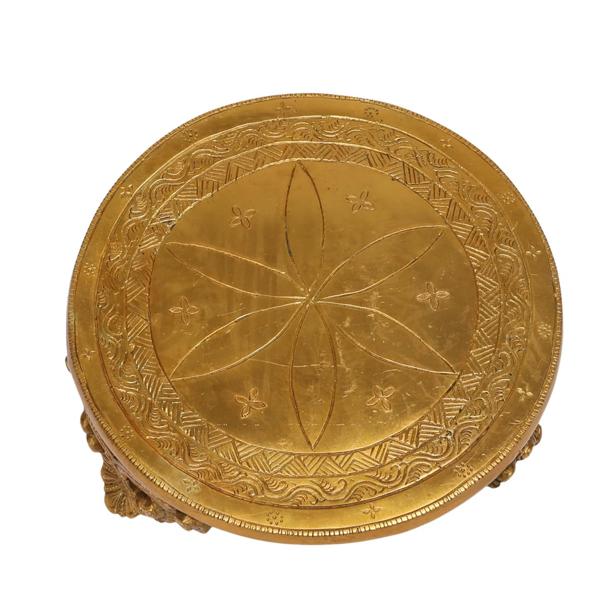 ARTVARKO Big Brass Desiner Round Table Chowki for God Idols Diya Temple Decor Puja Gift 8 Inch