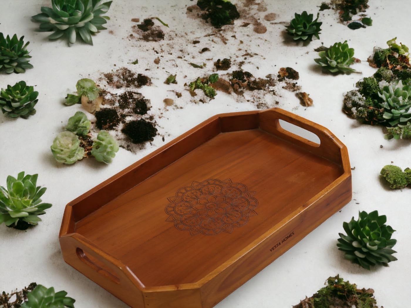 Vesta Homes Acacia Wood Serving Tray for Home/Kitchen/Restaurant/Office Organizer/Dining Table | Premium Serving Trays | 46 x 31 x 6.5 cm | Handcrafted in India