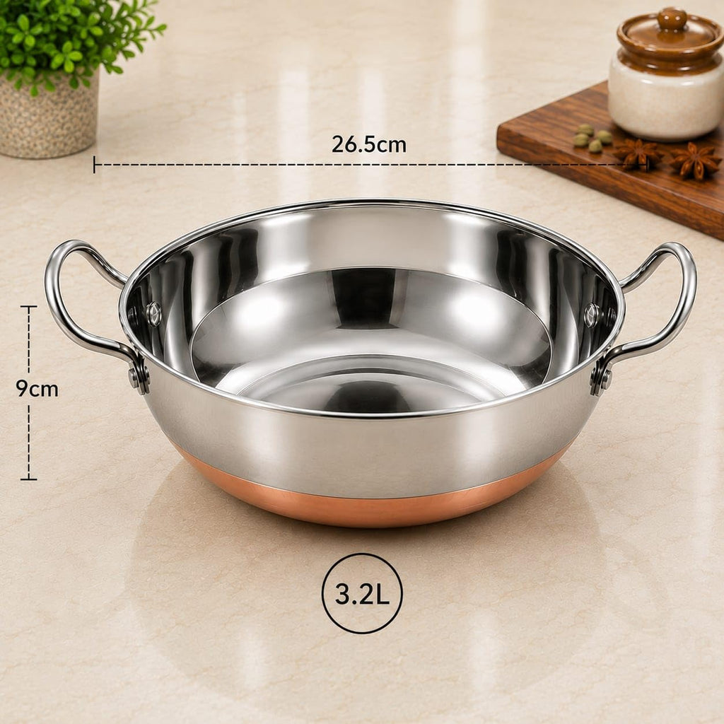 KARVA GROUP Copper Bottom Kadhai (3.2 Liters) | Kadhai with Handle | kadai | Kadhai Wok Bowl for Cooking/Deep-Frying | Copper Handle Wok Bowl | Cookware Kadai for Kitchen, Home(Size-14)