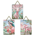 Artvibes Blissful Krishna Cow & Elephant Nature Art Wooden Wall Hanger for Home | Spiritual Decor Items | Wall Poster | Artwork| Stylish Modern Decor Item | Gift Items (WH_9650N), Set of 3