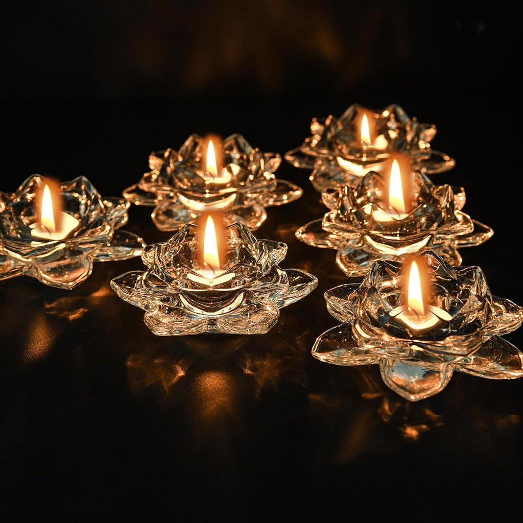WQR Premium Glass Lotus Flower Tea Light Candle Holder Exquisite Crystal Diya for Diwali | Perfect and Creative Decoration in Dipawali Christmas Eid Wedding Party | Best Gift Set of (Diva- 1)
