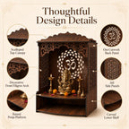 The Castle Decor Wooden Mandir for Home, Wall Hanging & Tabletop Pooja Temple with Ganesha Cutwork, 2-Tier Storage Shelf, MDF Mandir for Pooja Room, Office, Hostel, 13 x 15 x 8 Inch (Design-8)