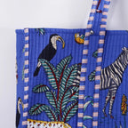 Pranipat Handicrafts Quilted Cotton Tiger Printed Pink Reversible Large Grocery Shopping Tote Bag - Versatile and Fashionable Tote for Shopping and Daily Essentials (Dark Blue-Regular)